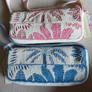 VIRAL Blue + Pink Tropical Palm Tree Beaded Bag made in India shoulder bag NWT